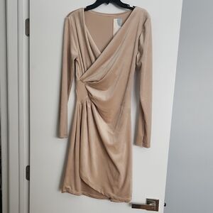 Elegant Tan Long Sleeve Velvet Dress
